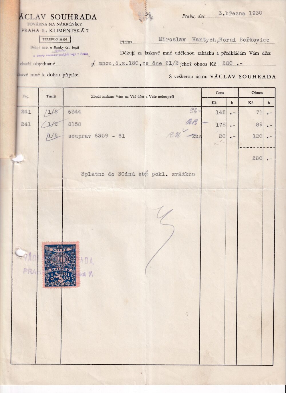 Účet, továrna na nákrčníky, Praha, 1930