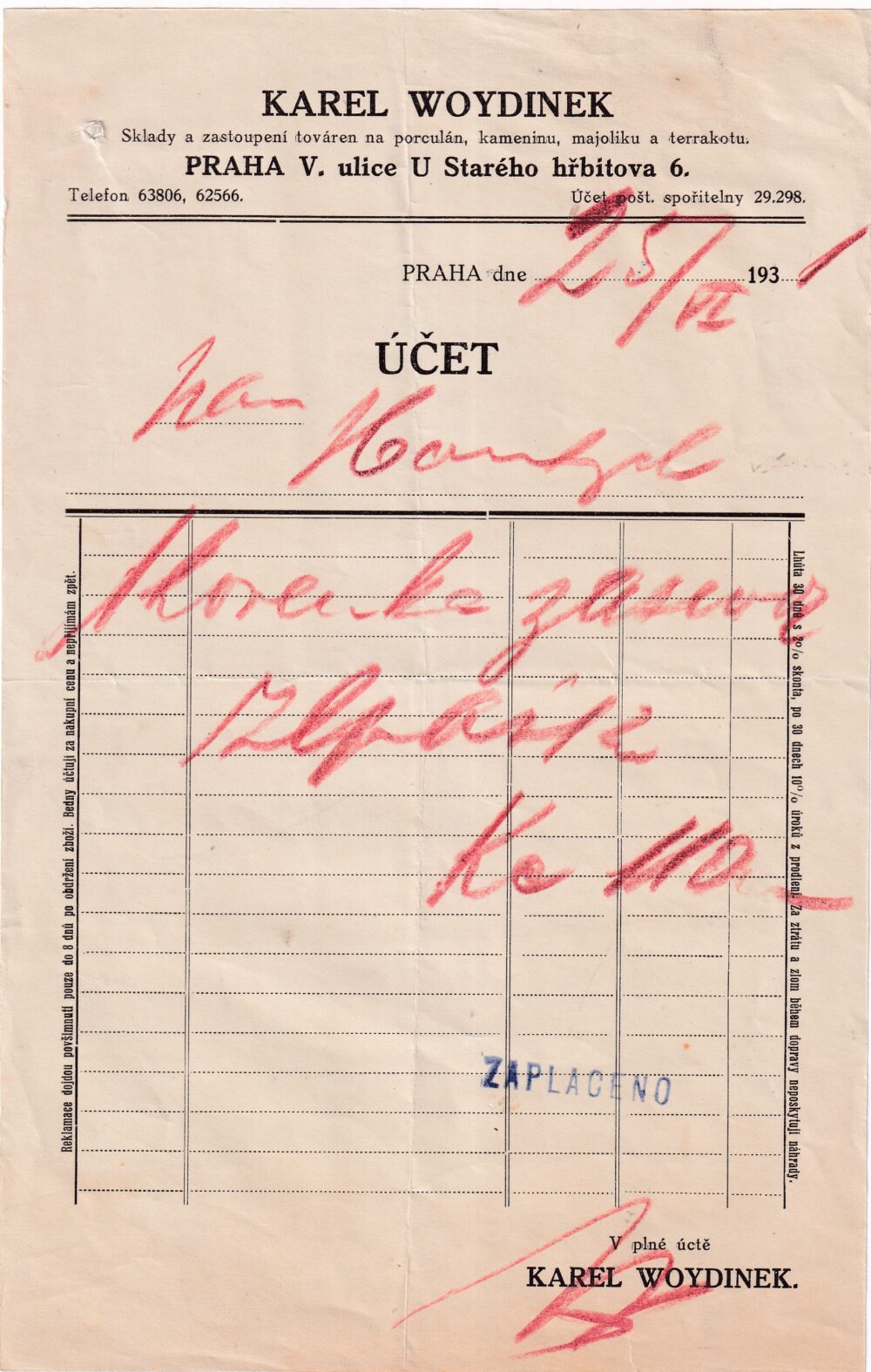 Účet, porculán, kamení, Praha, 1931