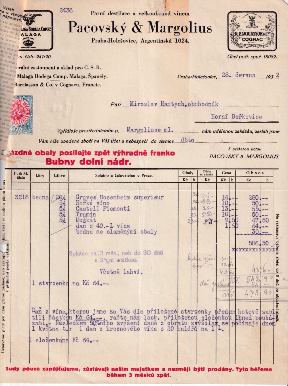 Účet, destilace a obchod vínem, Praha, 1932