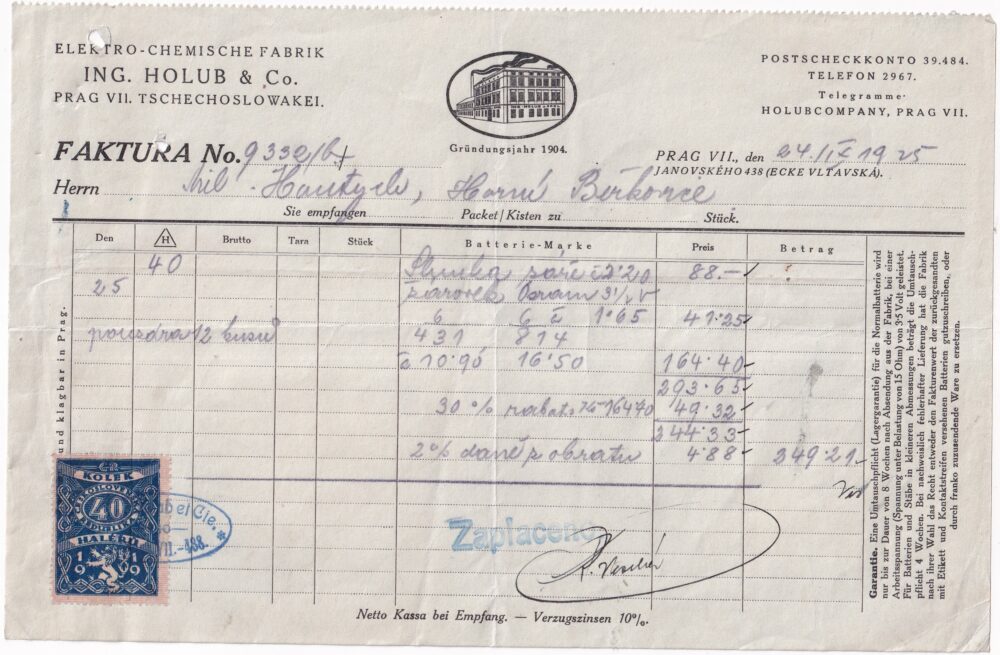 Účet, chemická továrna, Praha, 1925