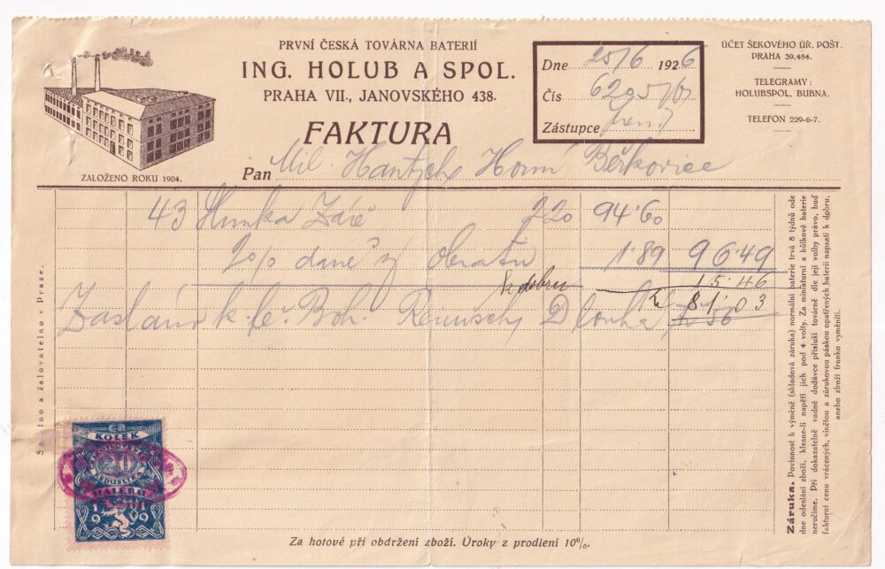 Účet, továrna bateriíí, Praha, 1926