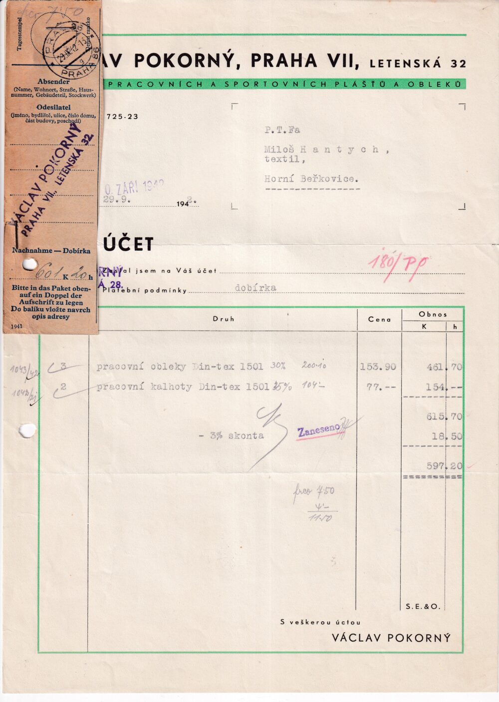 Účet, sportovní plášťě a obleky, Praha, 1942