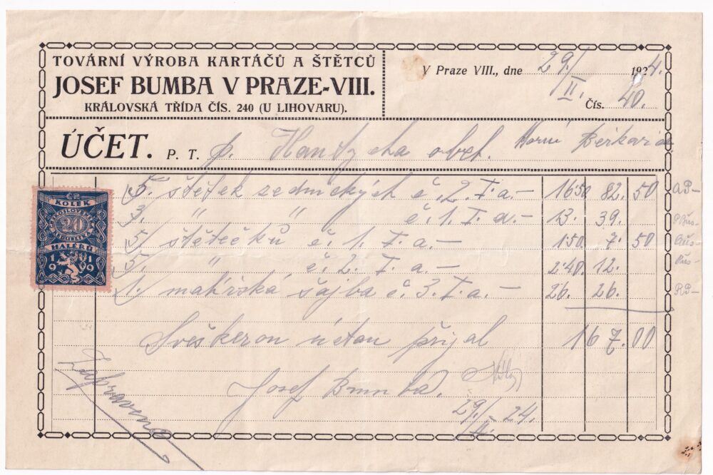 Účet, kartáče a štětce, Praha, 1924