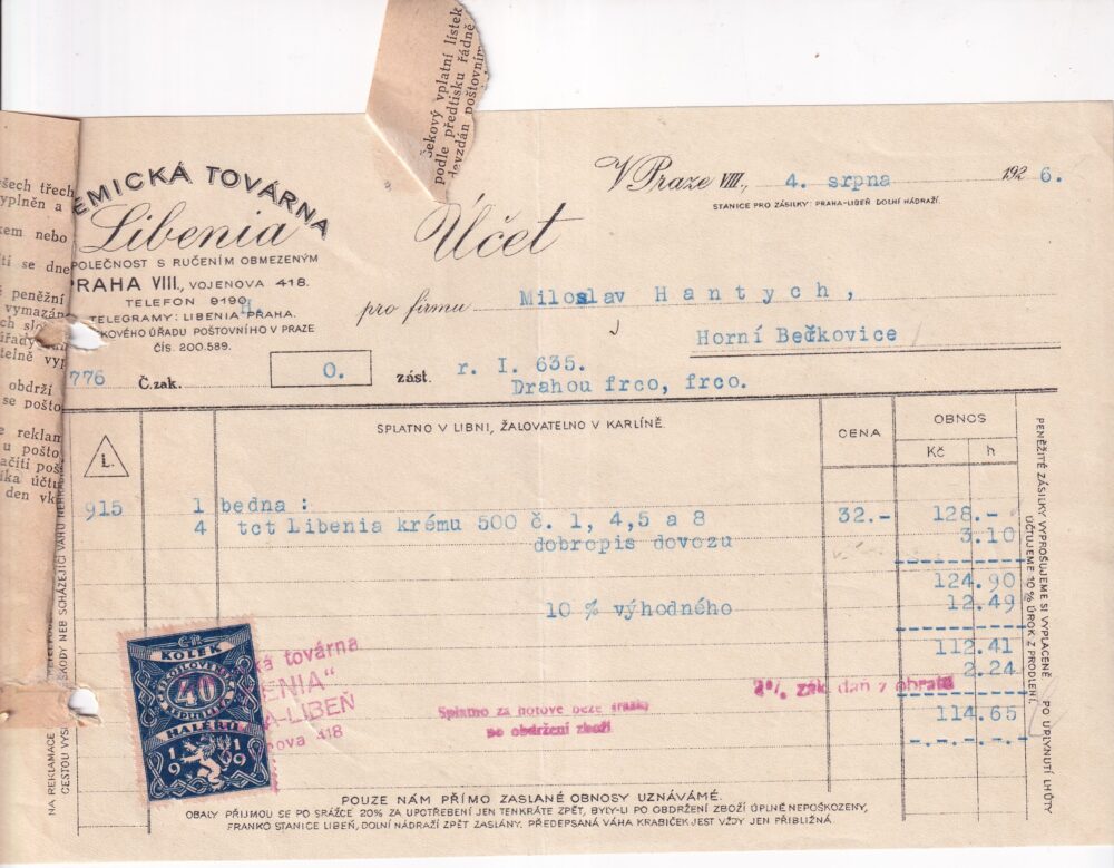 Účet, chemická továrna, Praha, 1926