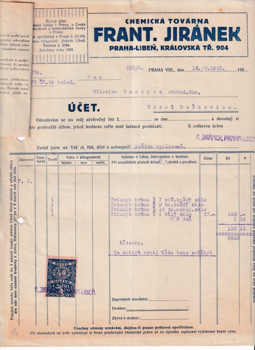 Účet, chemická továrna, Praha, 1925