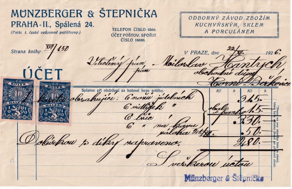 Účet, kuchyňské, proculán, Praha, 1926