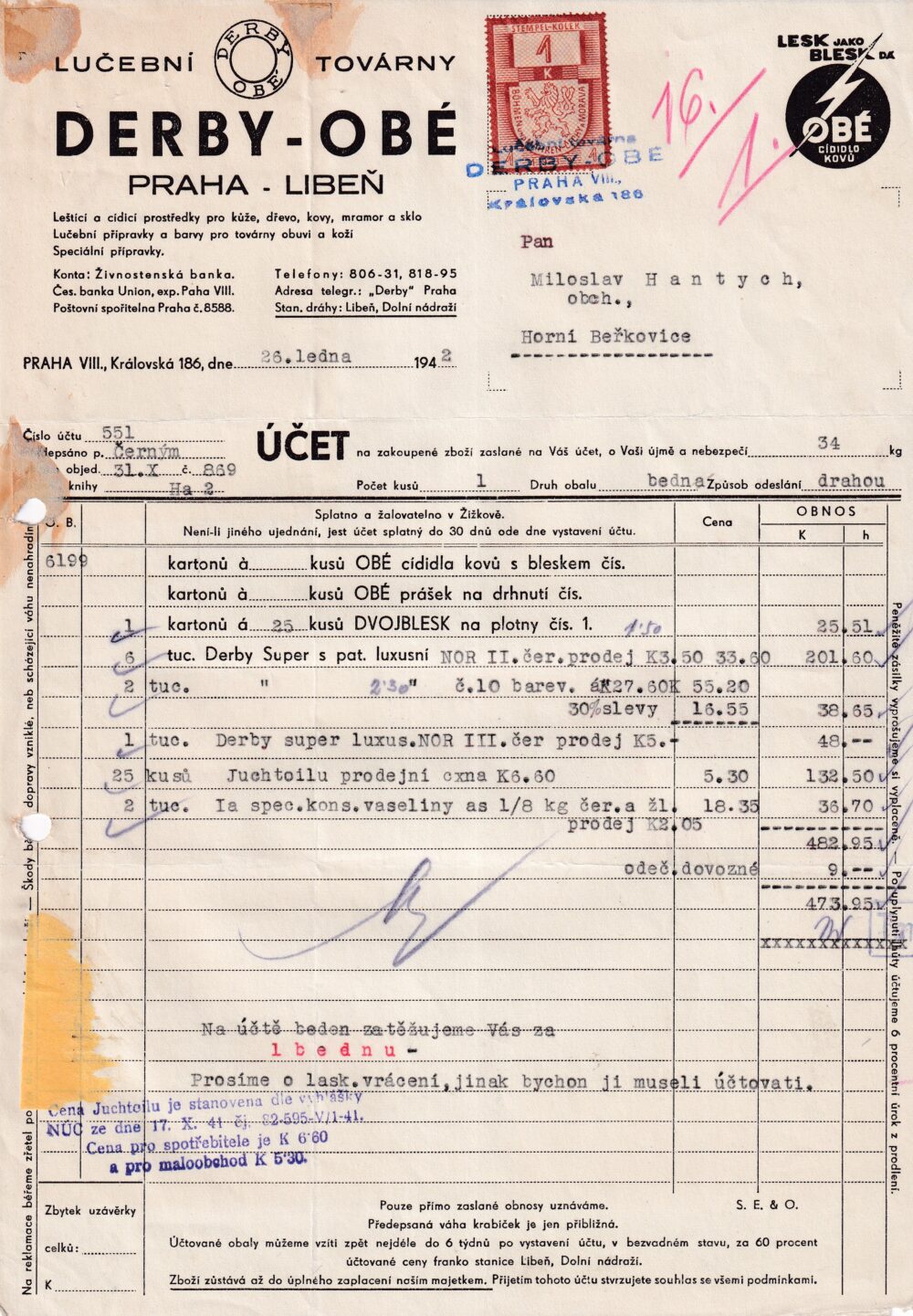 Účet, lučební továrny, Praha, 1942