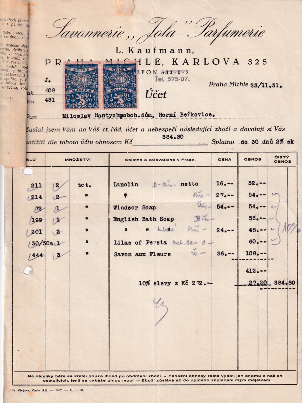 Účet, obchodní dům, Praha, 1931