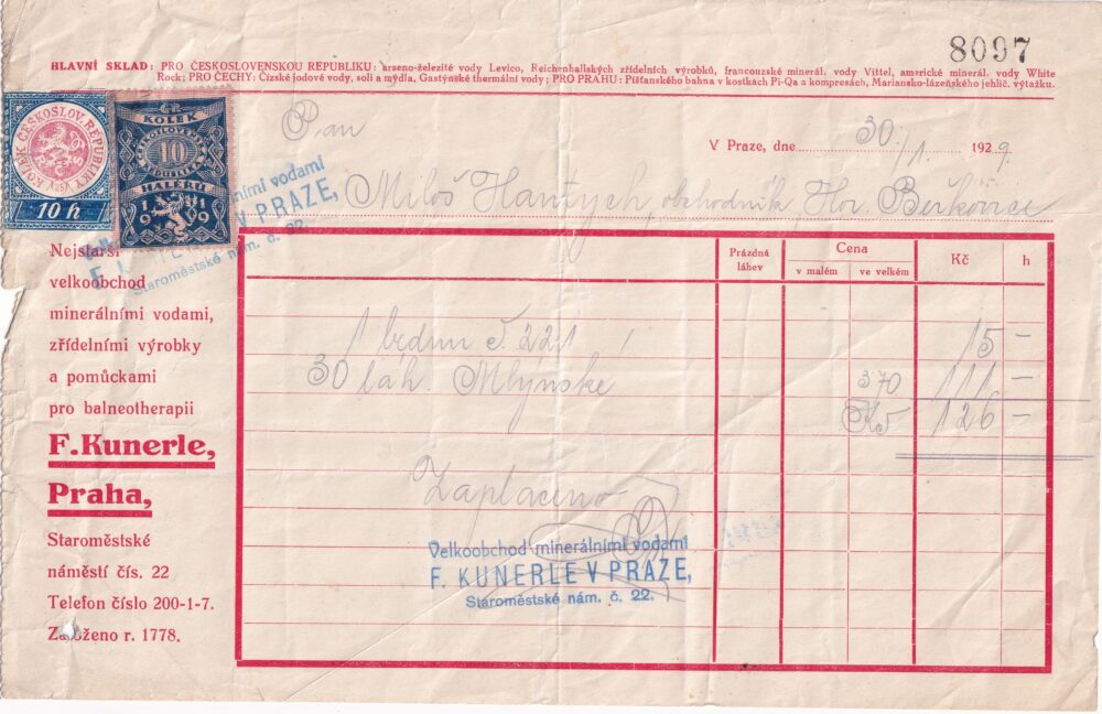 Účet, minerální vody, Praha, 1929