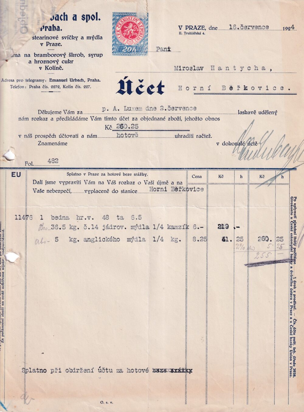 Účet, svíčky a mýdla, Praha, 1924