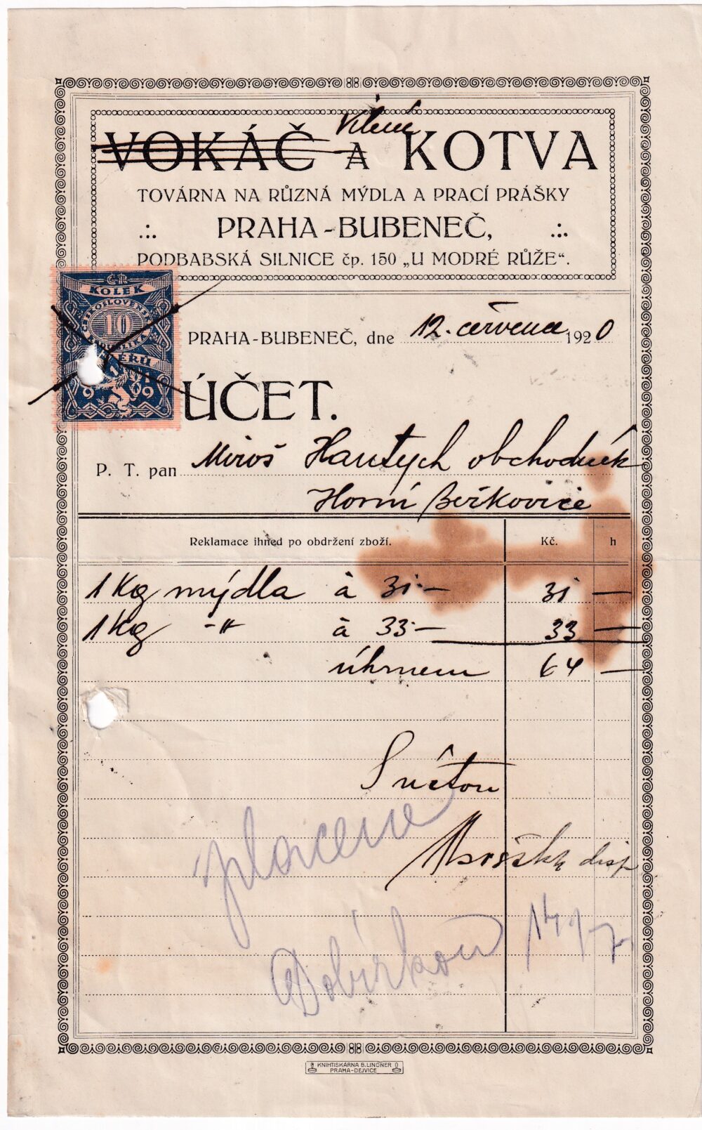 Účet, mýdla, prací prášky, Praha, 1920