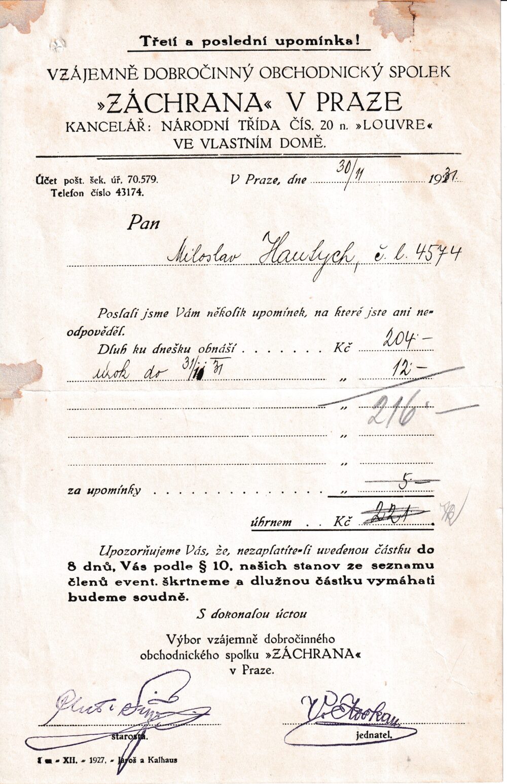 Účet, dobročinný obchod. spolek, Praha, 1931