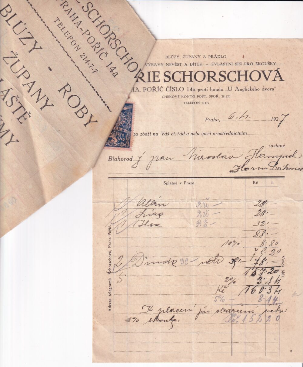 Účet, blůzy, župany, prádlo, Praha, 1927