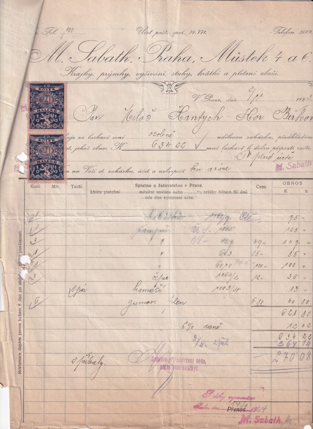 Účet, krajky, stuhy, prýmky, Praha, 1923