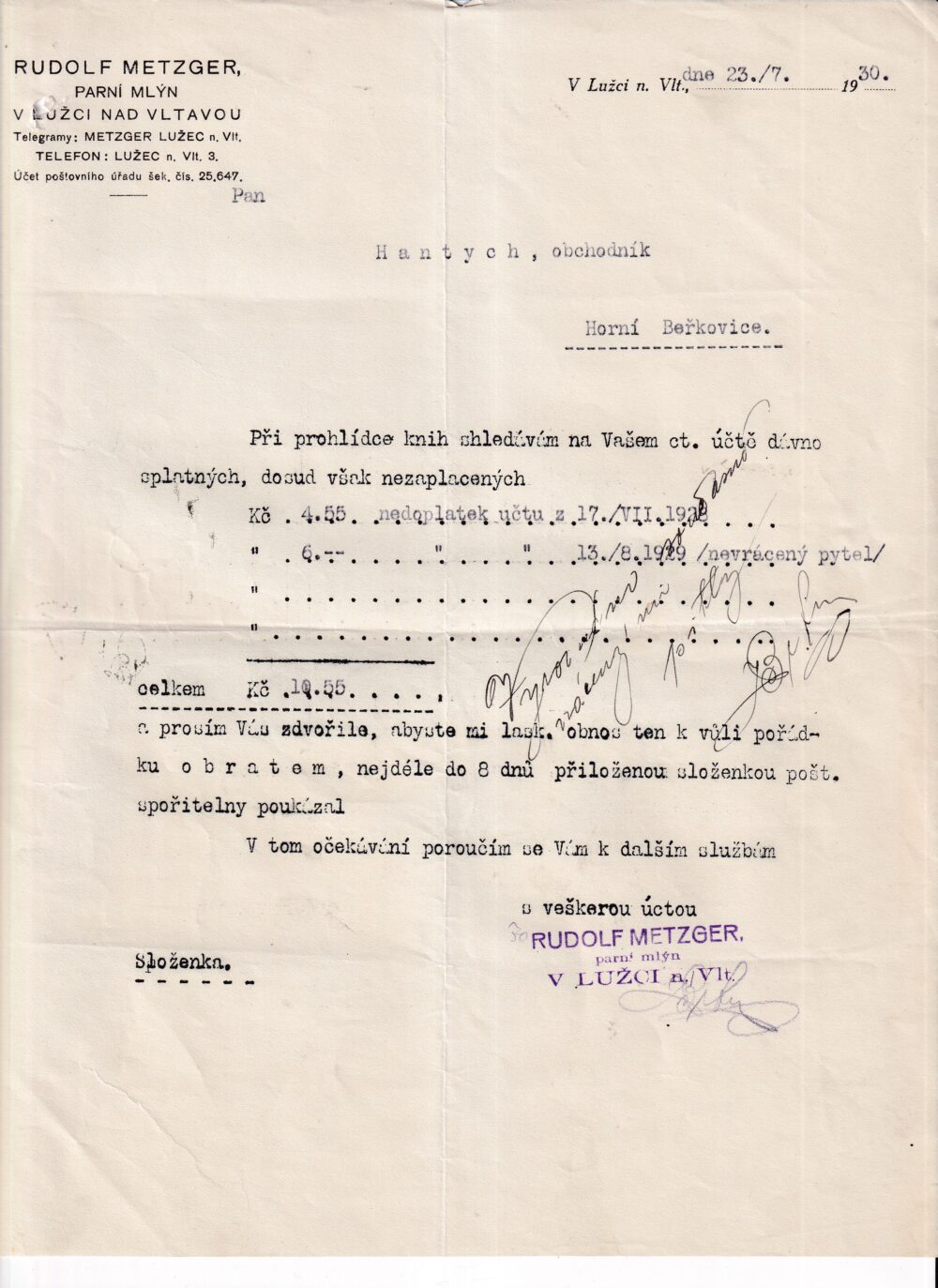 Účet, Parní mlýn, Mělník, 1930