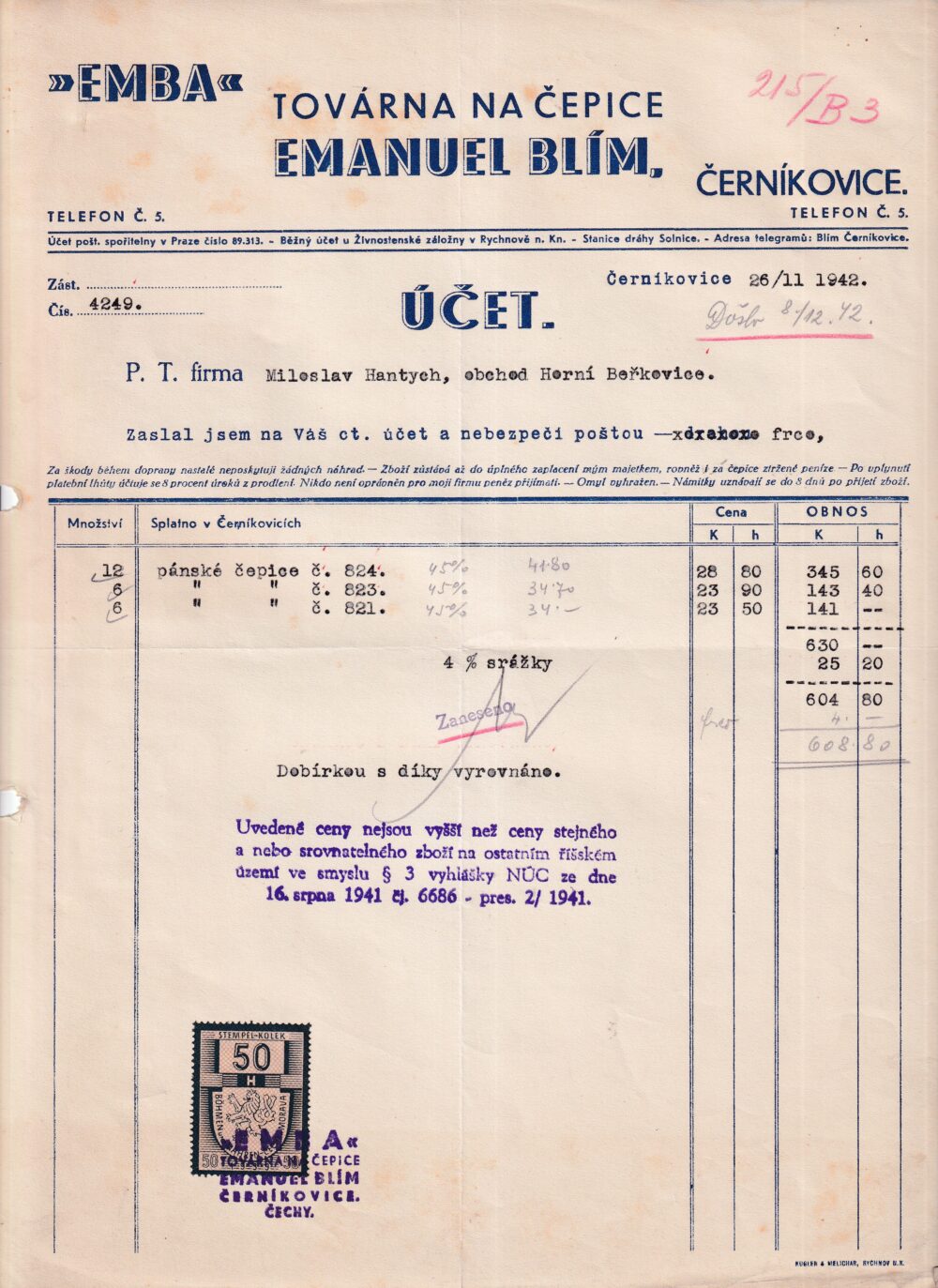 Účet, továrna na čepice, Rychnov n. K., 1942