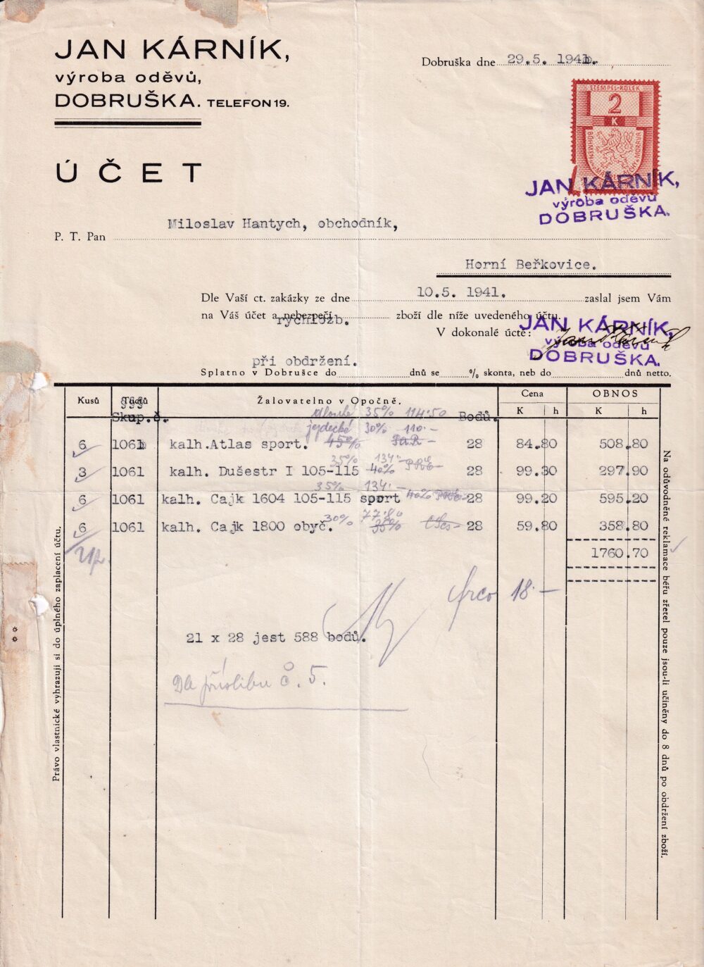 Účet, výroba oděvů, Rychnov n. K., 1941