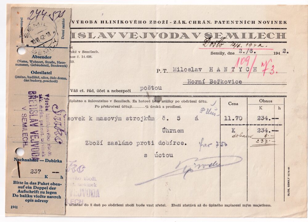 Účet, hliníkové zboží, Semily, 1942