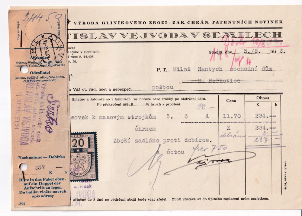 Účet, hliníkové zboží, Semily, 1942