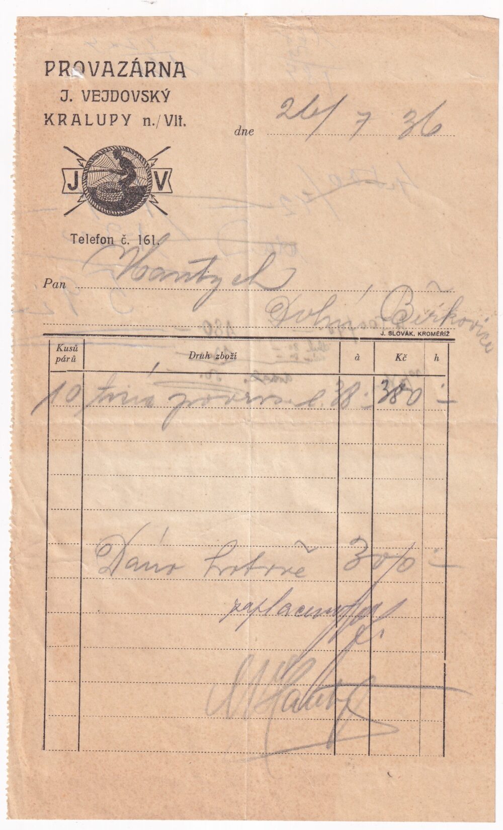 Účet, Provazárna, Mělník, 1936