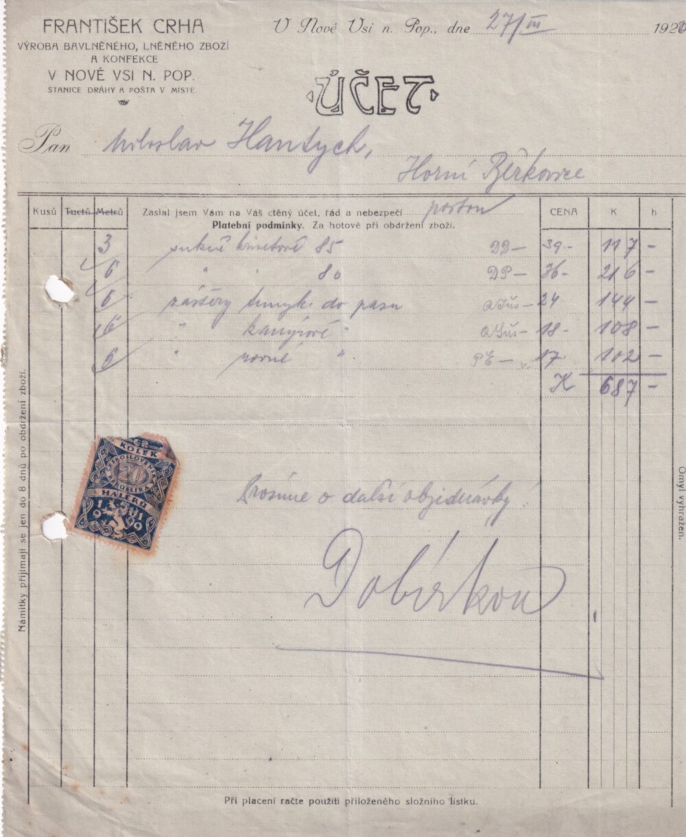 Účet, lněné a bavlněné zboží, Semily, 1920