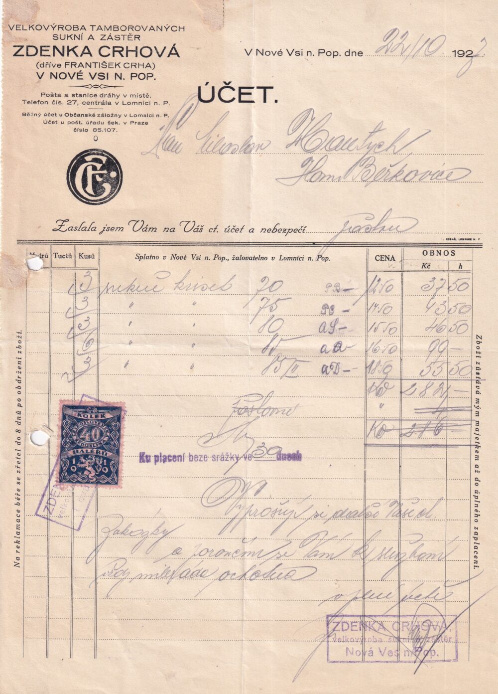 Účet, sukna a zástěry, Semily, 1927