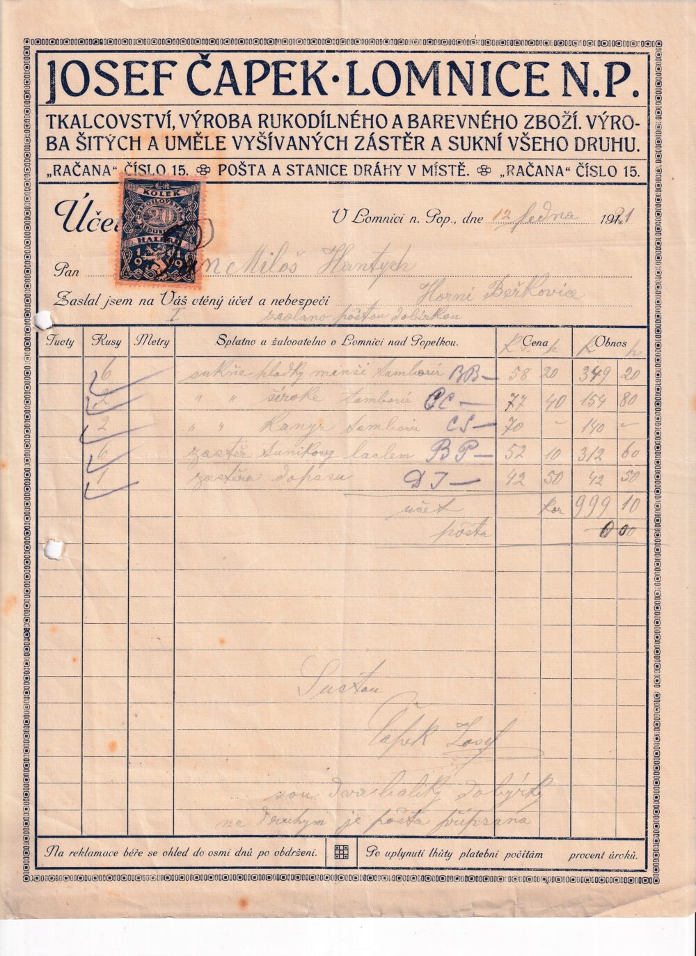 Účet, tkalcovna, Semily, 1921