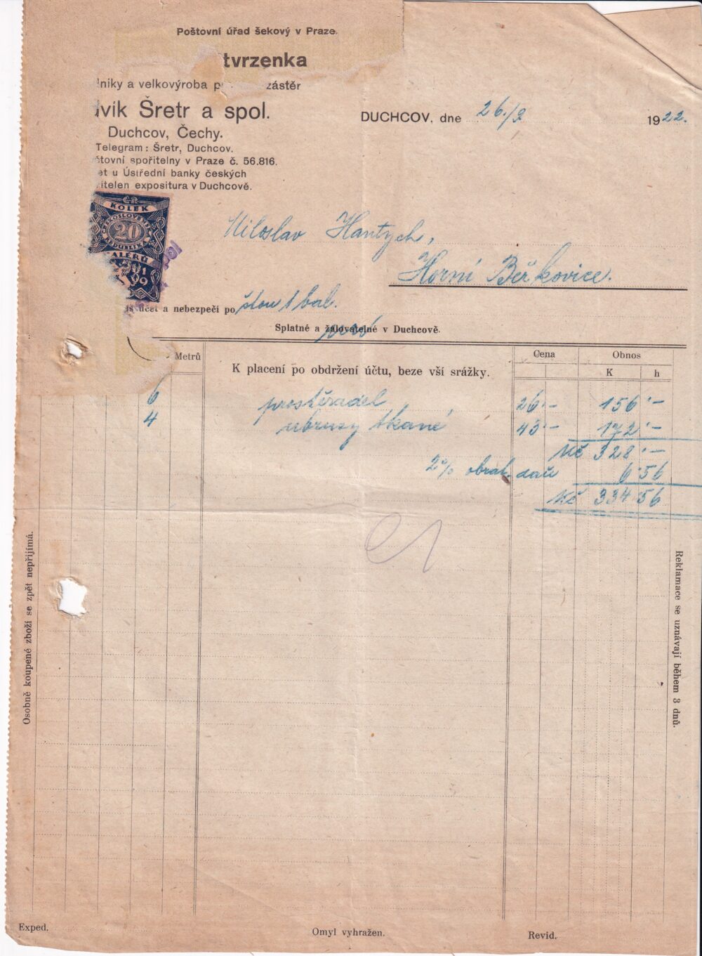 Účet, prádlo, zástěry, Teplice, 1922