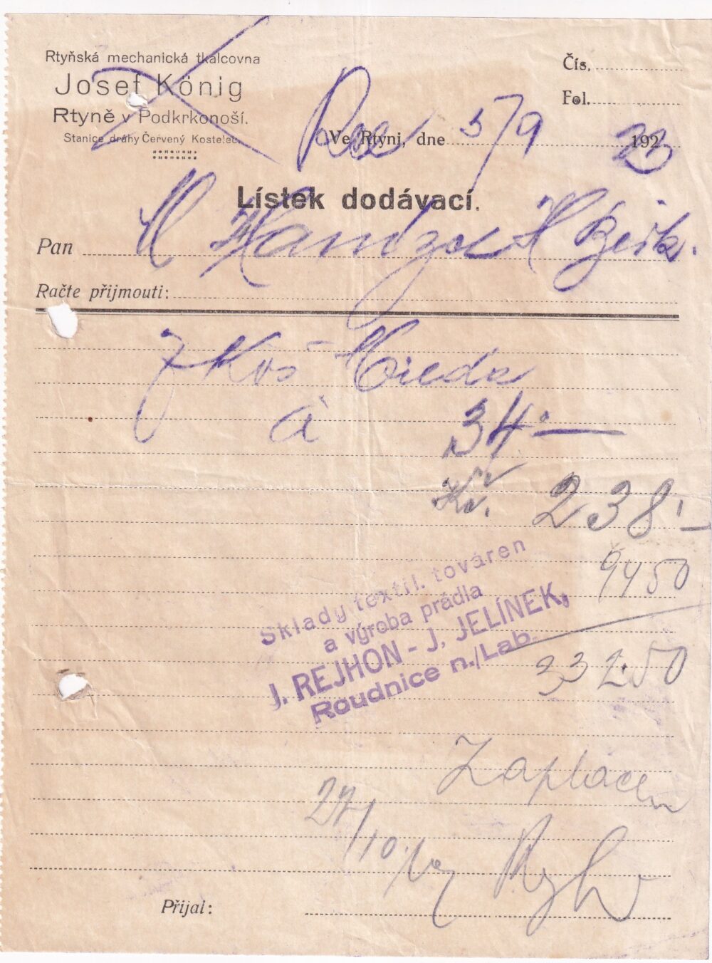 Účet, mechanická tkalcovna, Trutnov, 1923