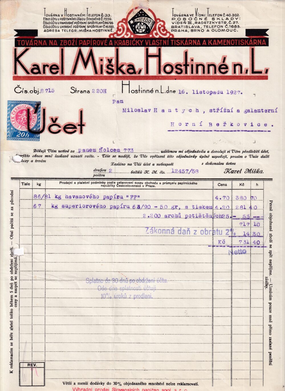 Účet, papírové zboží a krabičky, Trutnov, 1927