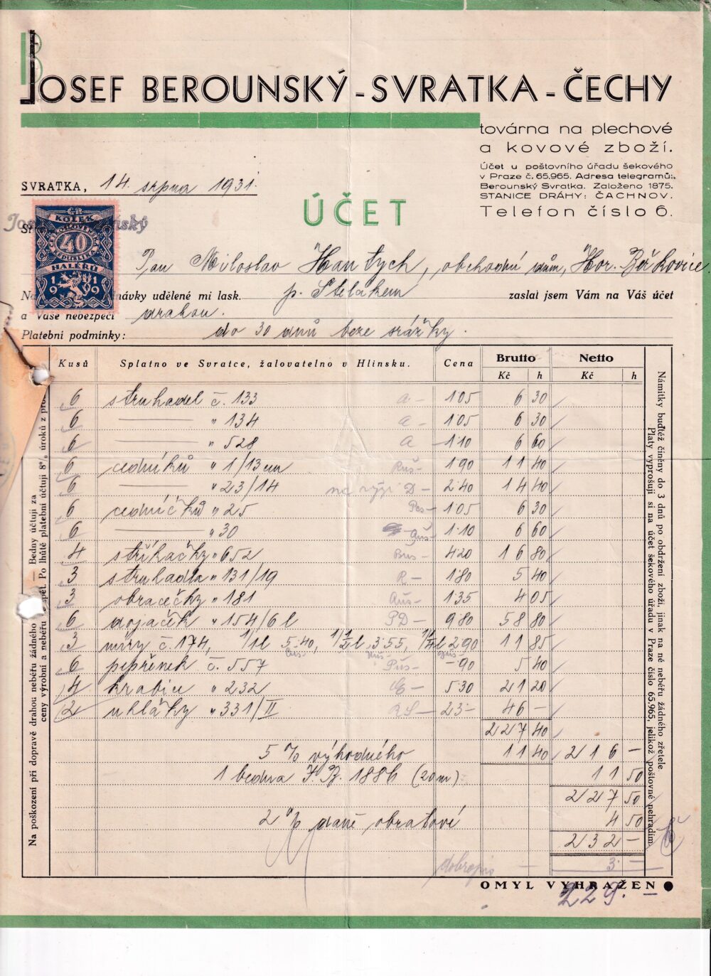 Účet, plechové a kovové zboží, Žďár n. S., 1931