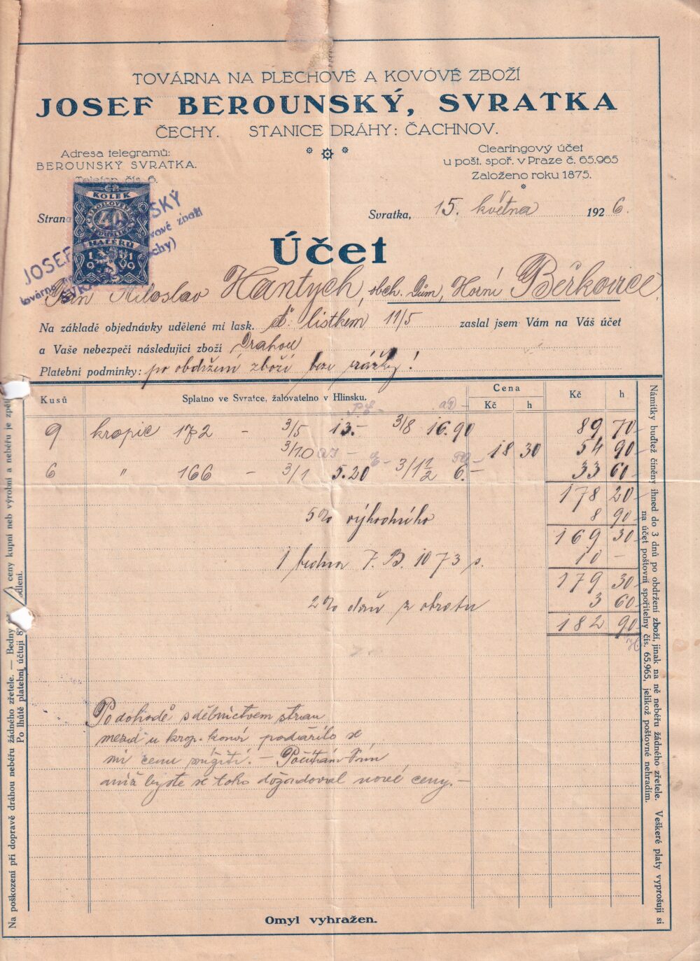 Účet, plechové a kovové zboží, Žďár n. S., 1926