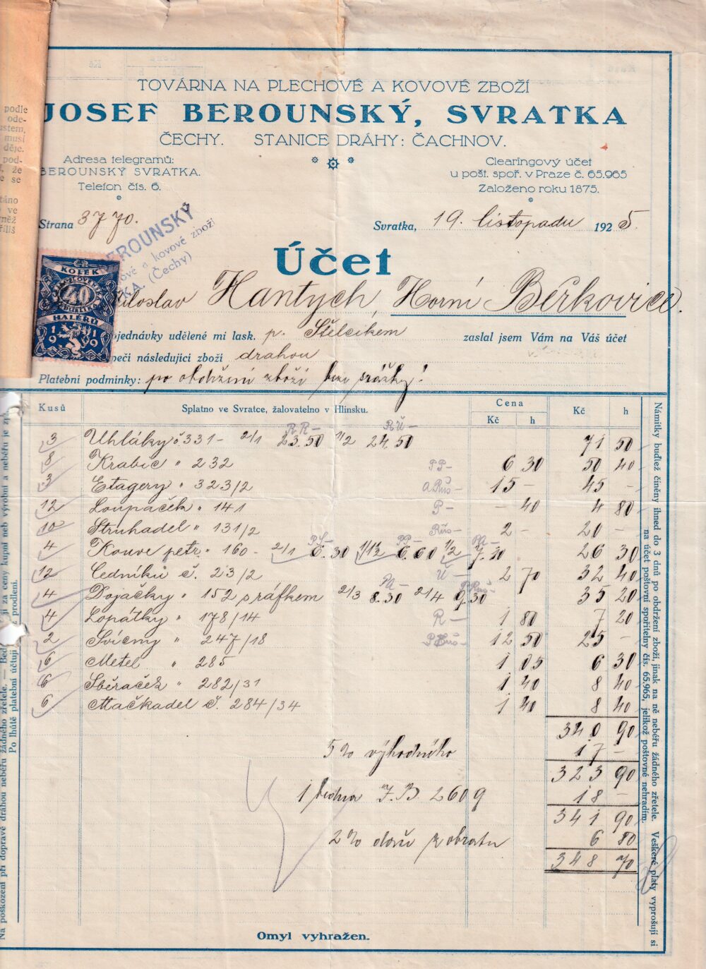 Účet, plechové a kovové zboží, Žďár n. S., 1925