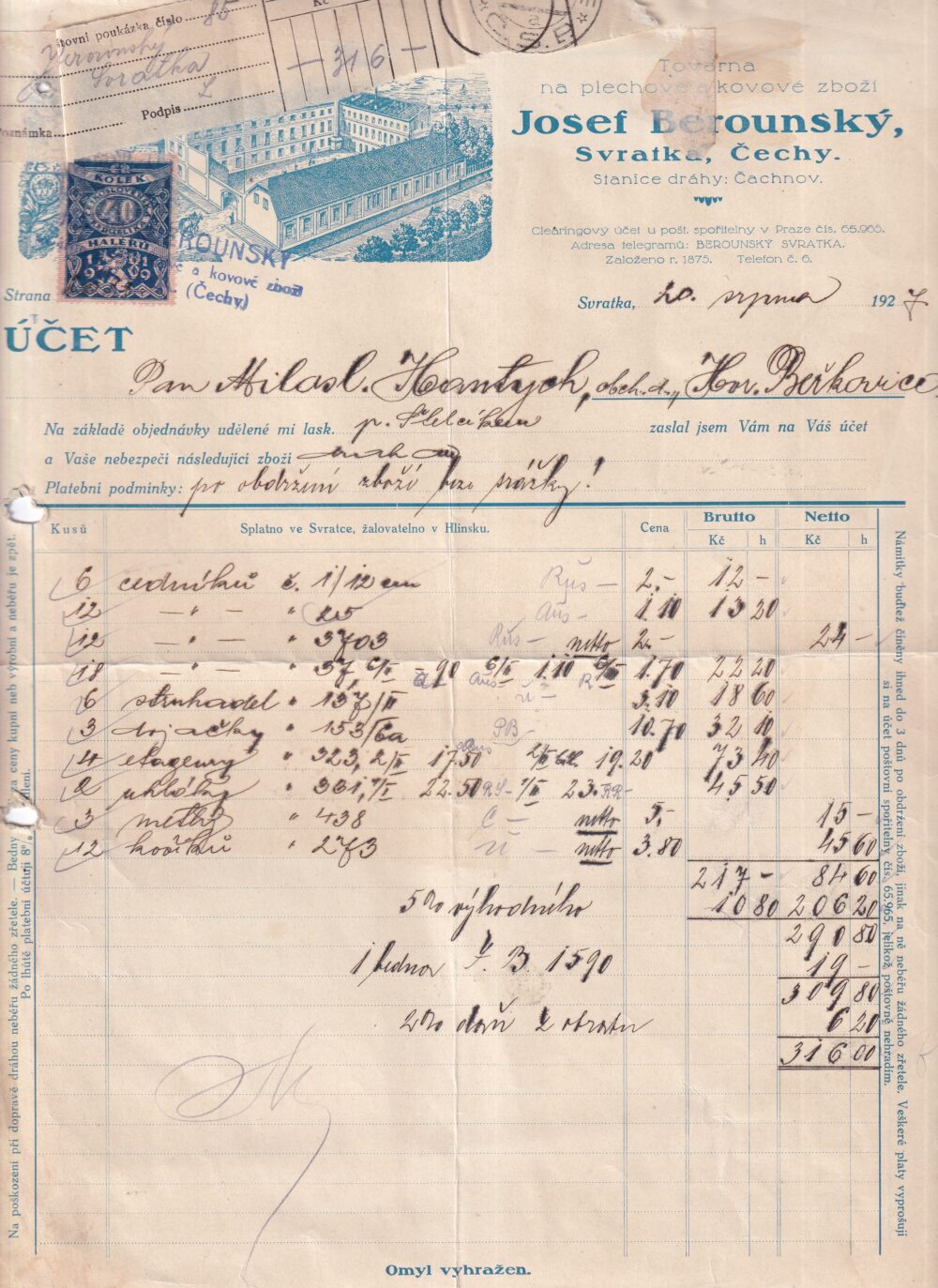 Účet, plechové a kovové zboží, Žďár n. S., 1927