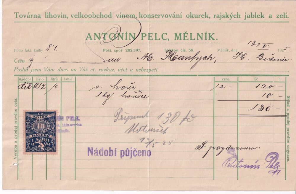 Účet, velkoobchod vínem, zelí, aj., Mělník, 1925