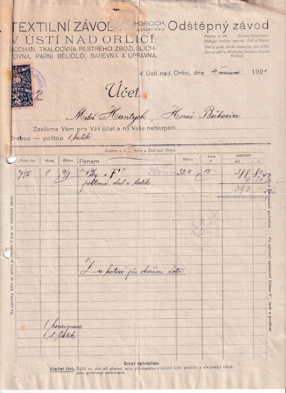 Účet, textilní závod, Ústí nad Orlicí, 1921