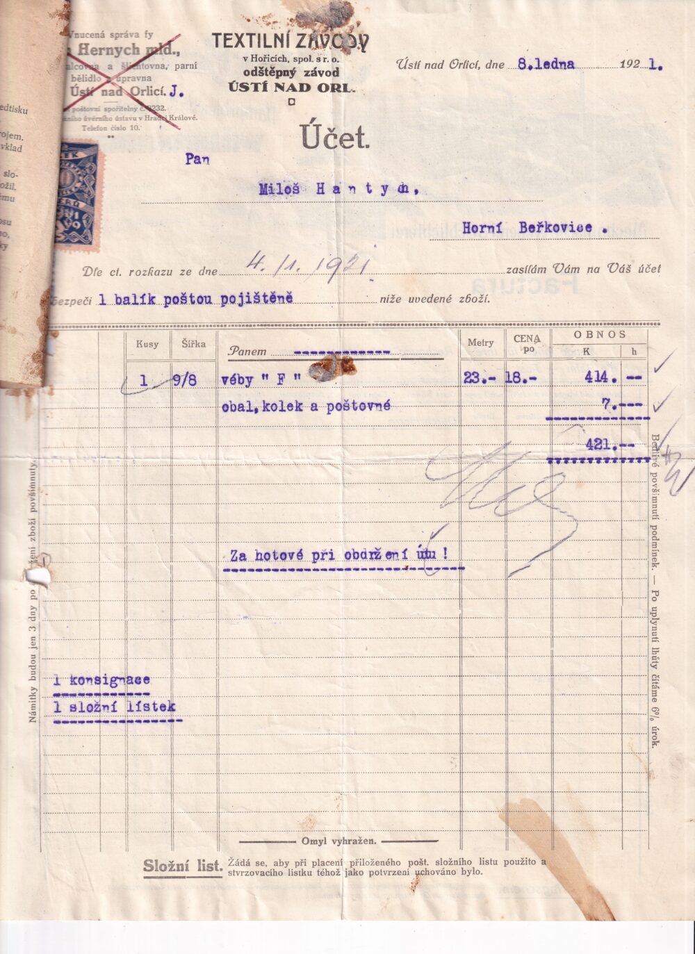 Účet, textilní závod, Ústí nad Orlicí, 1921