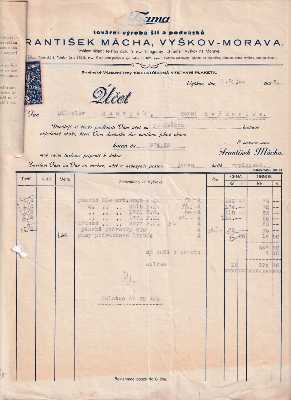 Účet, šli a podvazky, Vyškov, 1925