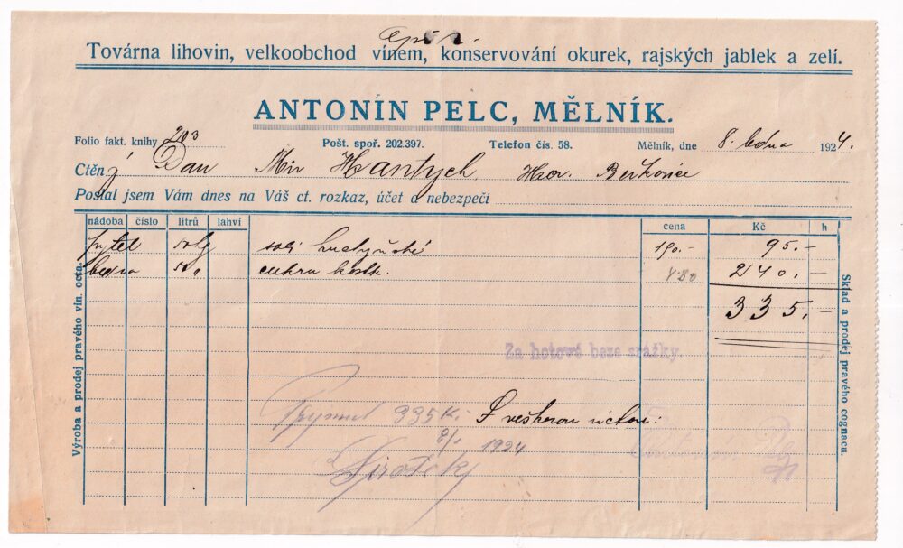 Účet, velkoobchod vínem, zelí, aj., Mělník, 1924