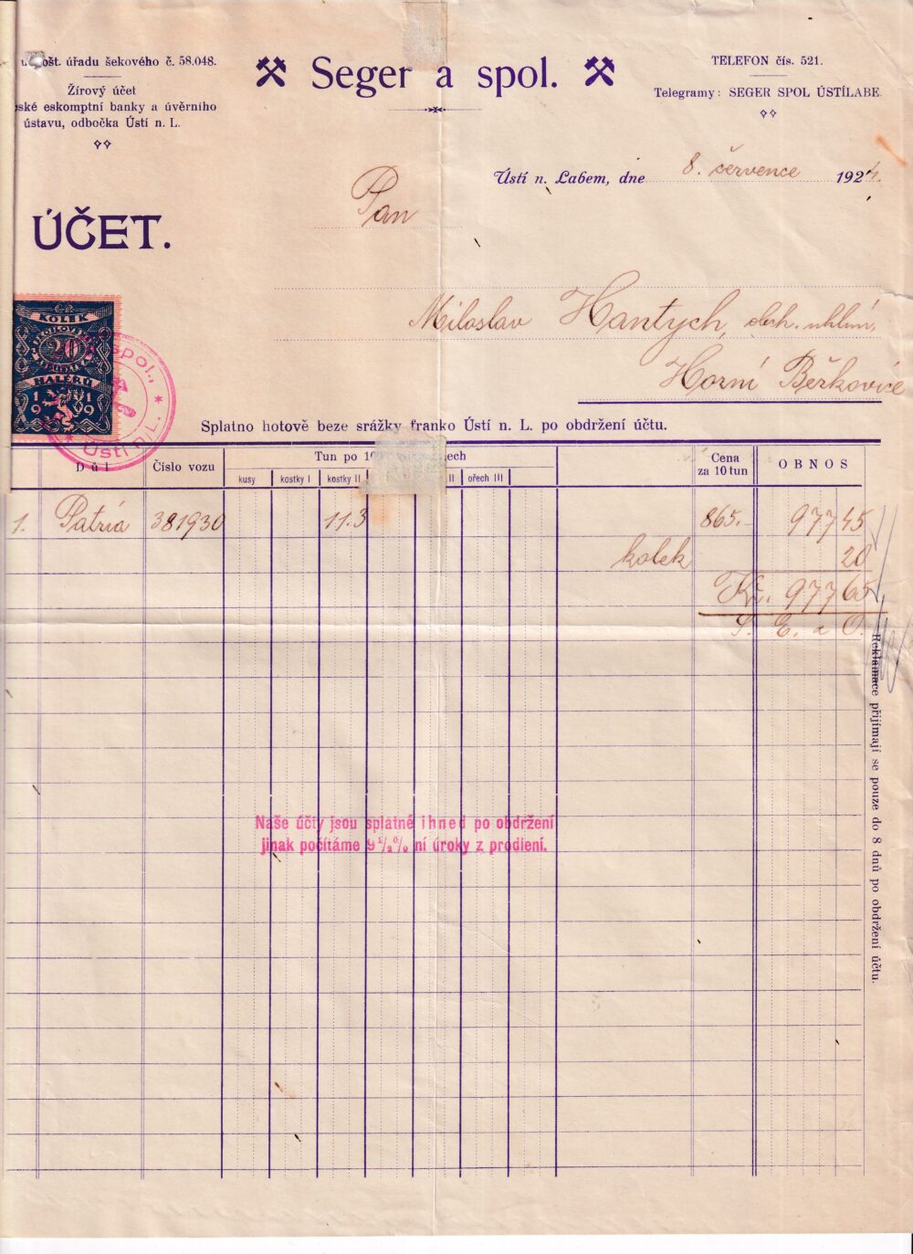 Účet, obchod uhlím, Ústí n. L., 1924