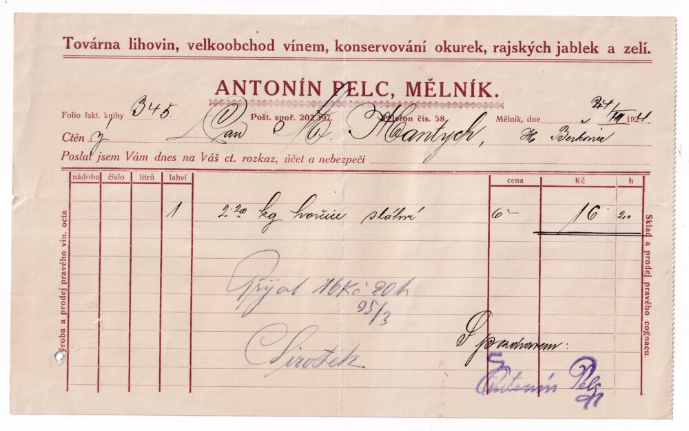 Účet, velkoobchod vínem, zelí, aj., Mělník, 1924