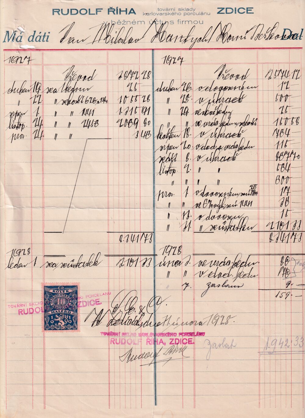 Účet, sklady porculánu, Beroun, 1928