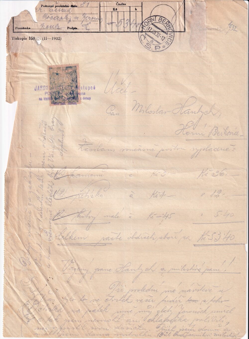 Účet, kamení a řetězy, Beroun, 1932