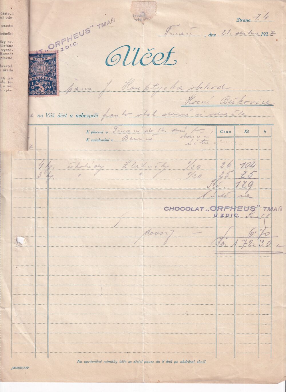 Účet, čokoláda, Orpheus, Beroun, 1927