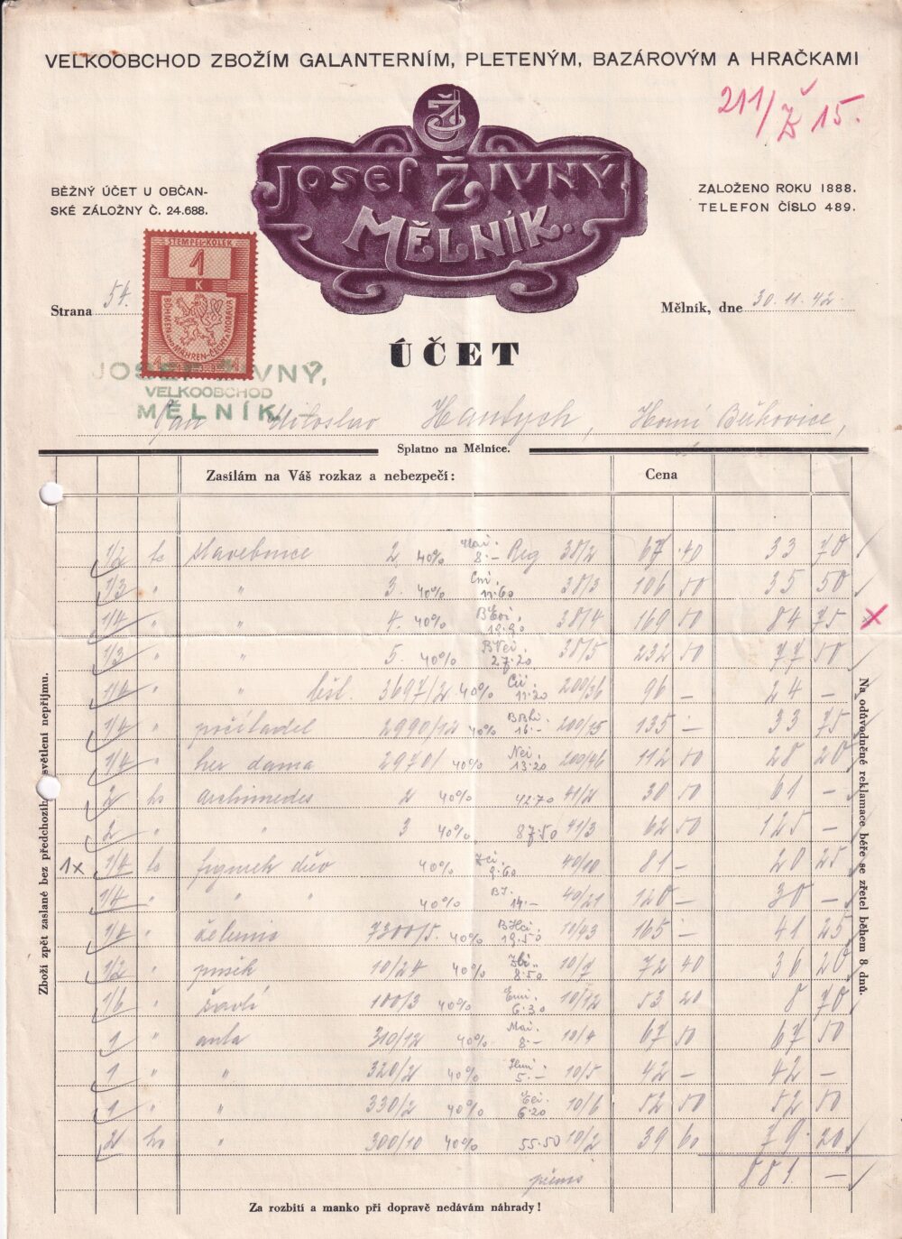 Účet, galanterie, hračky, pletené, Mělník, 1942