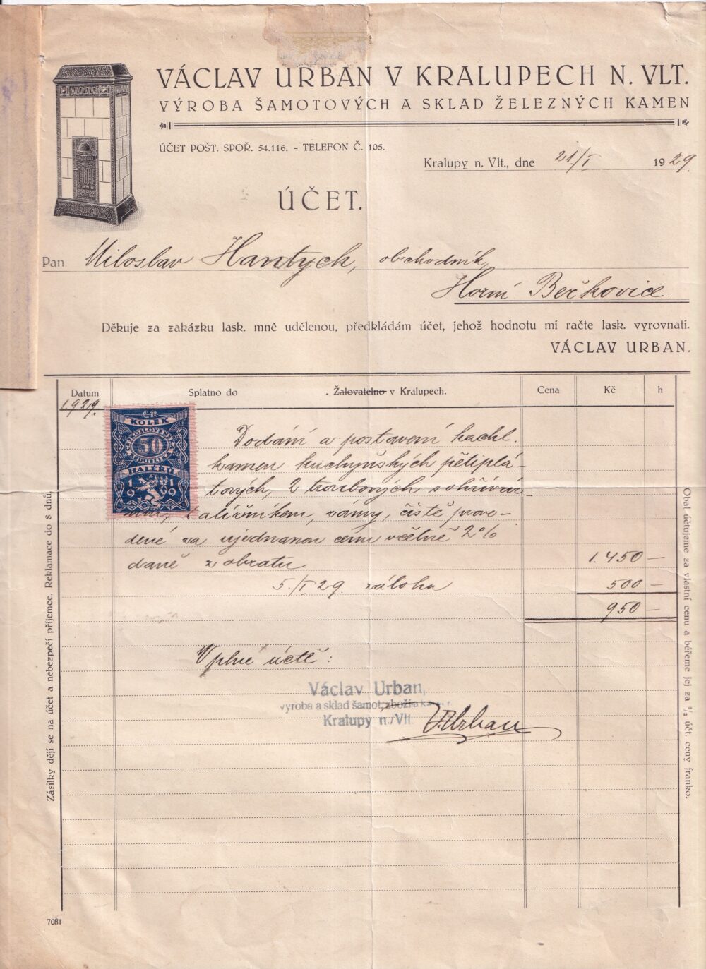 Účet, šamot a železný kamen, Měník, 1929