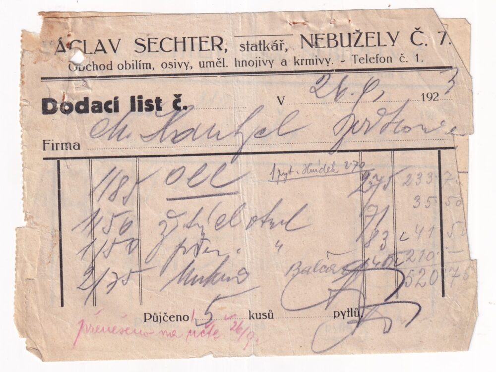 Účet, obilí, hnojiva, krmiva aj., Mělník, 1923