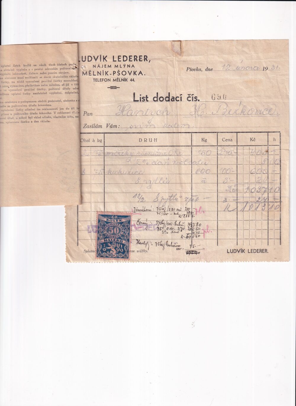 Účet, nájem mlýna, Mělník, 1931