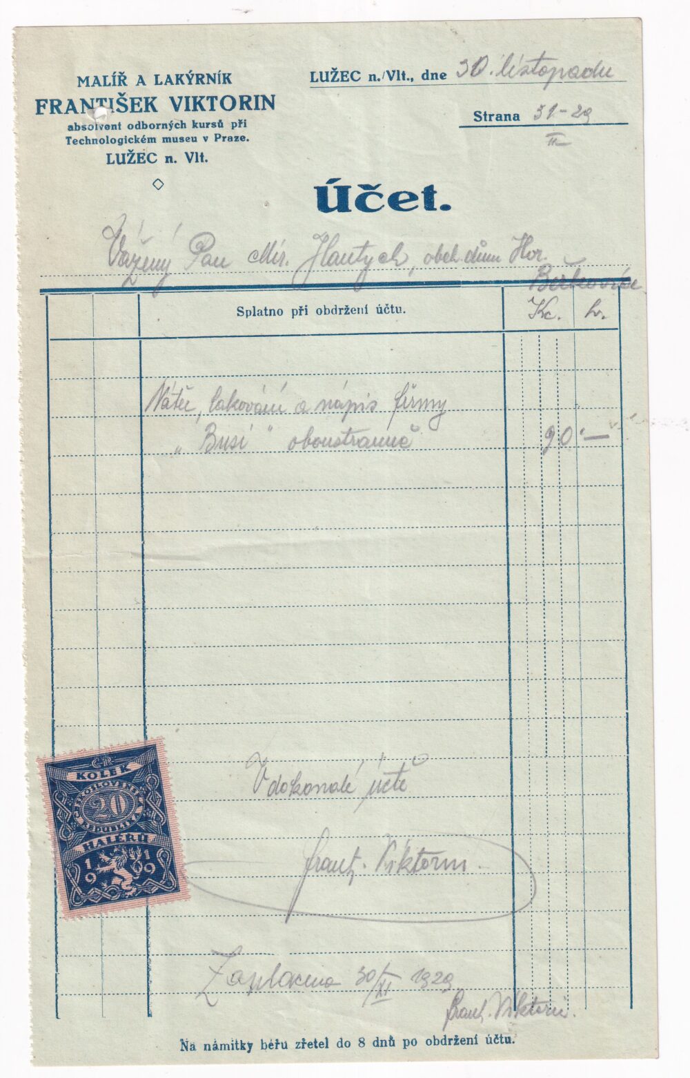 Účet, malířství, lakýrnictví, Mělník, 1929