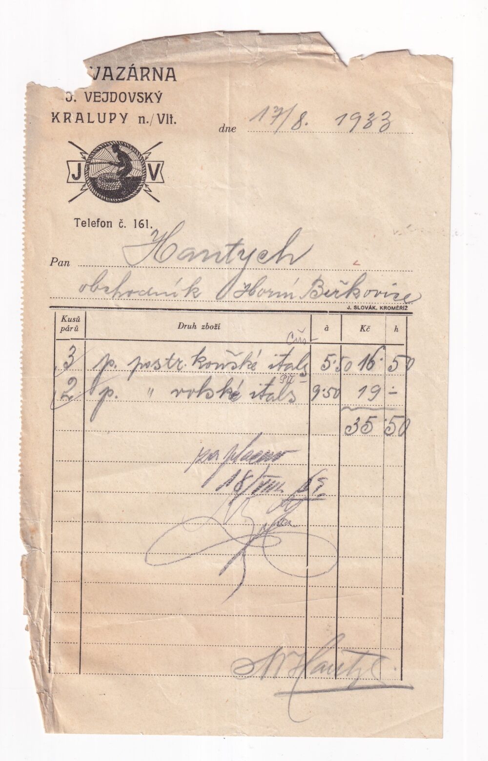 Účet, Provazárna, Mělník, 1933